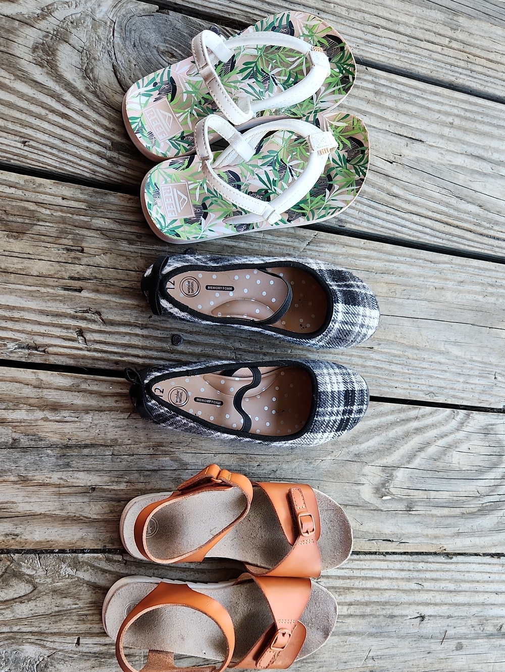 Assorted Women's Shoes - Floral Flip Flops, Plaid Flats, Tan Sandals